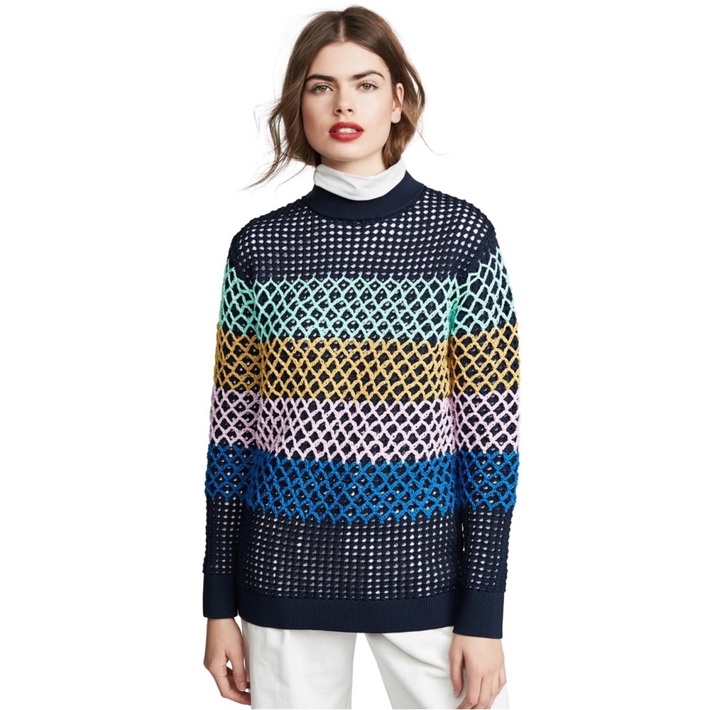 TIBI STRIPE CROCHET TUNIC PULLOVER